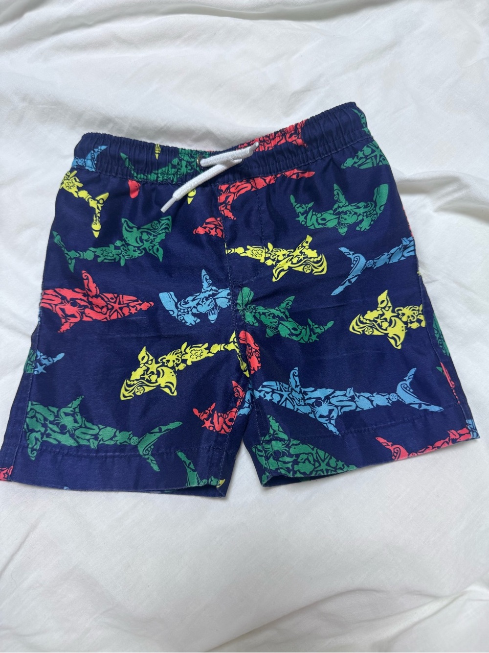 Lands' End Navy Shark Print Swim Shorts with Red, Yellow, Green & Blue Sharks